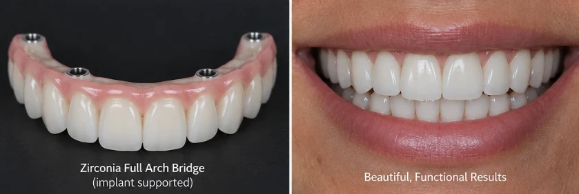 A zirconia full-arch implant bridge beside the finished smile