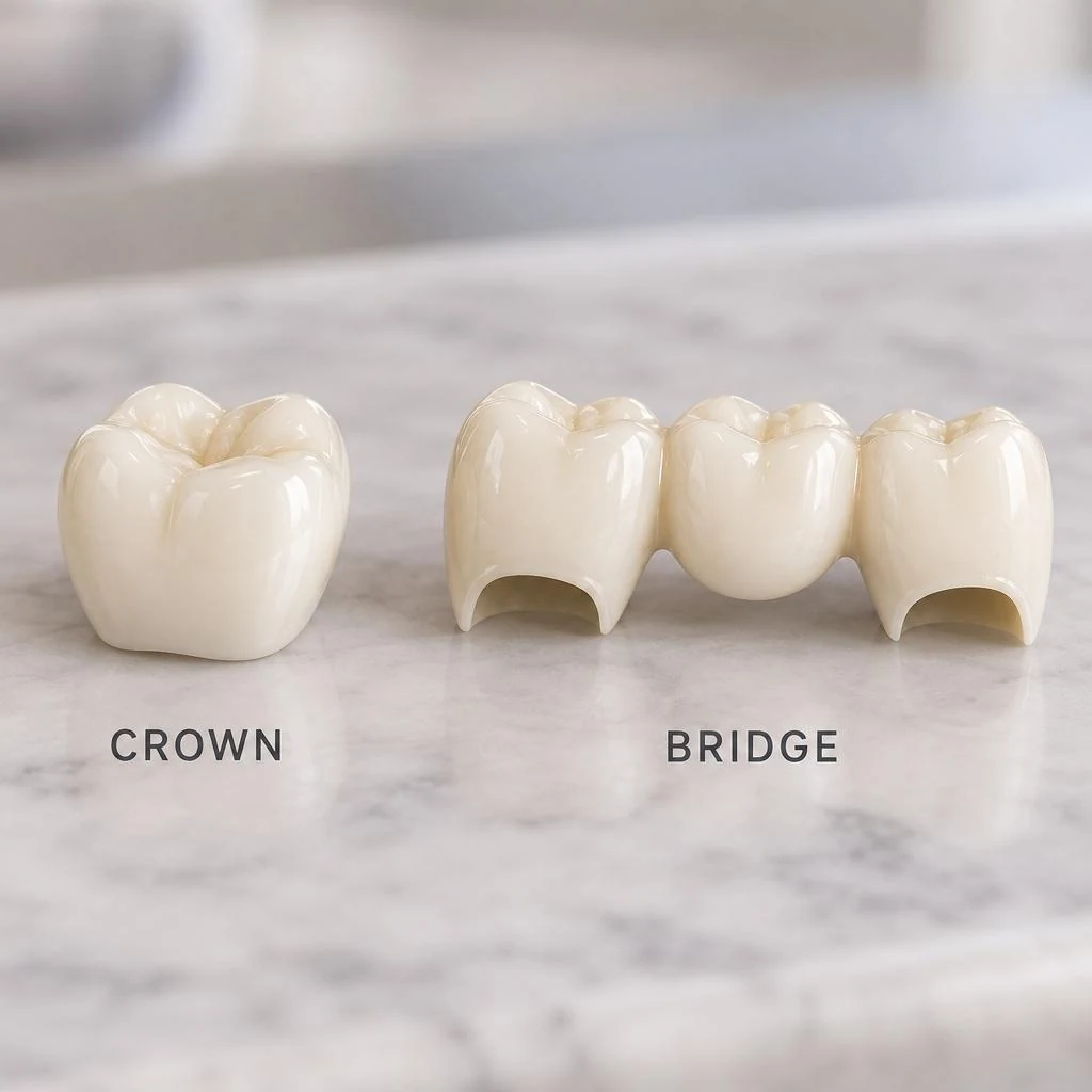 A ceramic crown and a three-unit bridge side by side