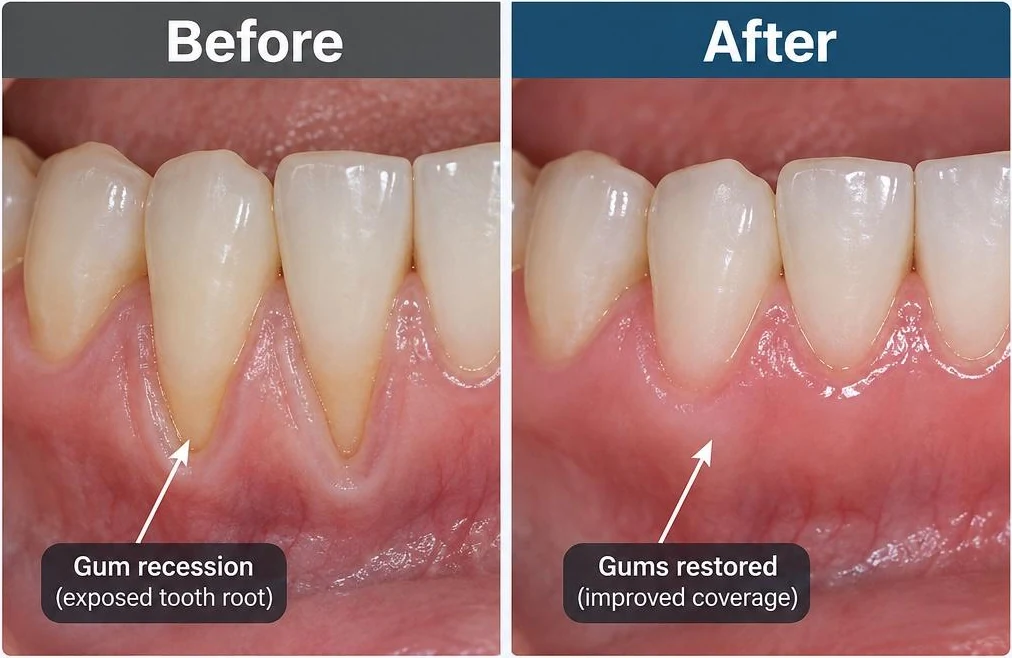 Before and after pinhole gum treatment, showing restored gum coverage